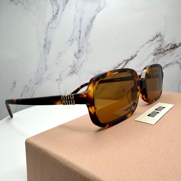 New MIU MIU Sunglasses Brown Tortoise Slim Rectangular Acetate Logo Authentic - Picture 13 of 16